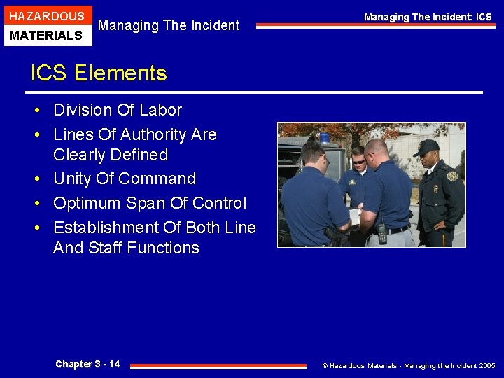 HAZARDOUS MATERIALS Managing The Incident: ICS Elements • Division Of Labor • Lines Of