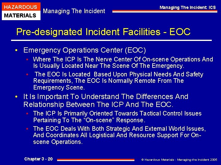 HAZARDOUS MATERIALS Managing The Incident: ICS Managing The Incident Pre-designated Incident Facilities - EOC