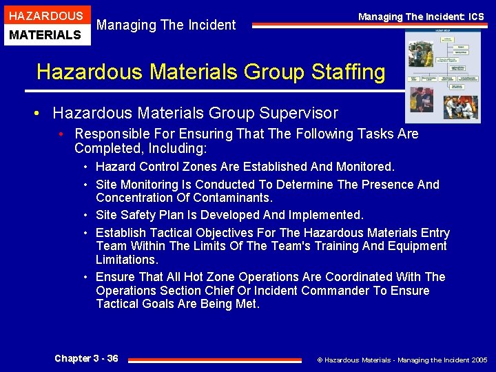 HAZARDOUS MATERIALS Managing The Incident: ICS Managing The Incident Hazardous Materials Group Staffing •