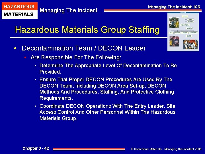 HAZARDOUS MATERIALS Managing The Incident: ICS Managing The Incident Hazardous Materials Group Staffing •