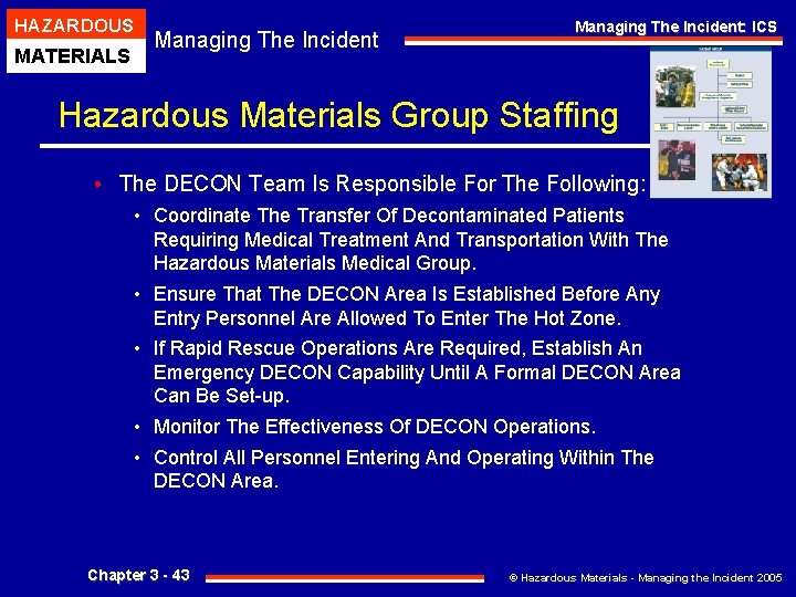 HAZARDOUS MATERIALS Managing The Incident: ICS Hazardous Materials Group Staffing • The DECON Team