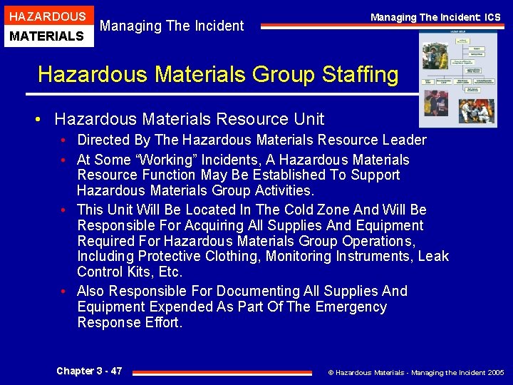 HAZARDOUS MATERIALS Managing The Incident: ICS Hazardous Materials Group Staffing • Hazardous Materials Resource