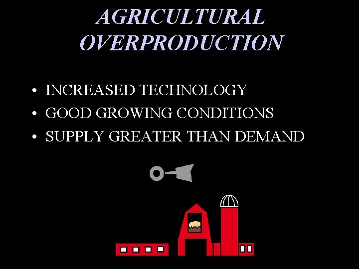 AGRICULTURAL OVERPRODUCTION • INCREASED TECHNOLOGY • GOOD GROWING CONDITIONS • SUPPLY GREATER THAN DEMAND AGRICULTURAL OVERPRODUCTION • INCREASED TECHNOLOGY • GOOD GROWING CONDITIONS • SUPPLY GREATER THAN DEMAND
