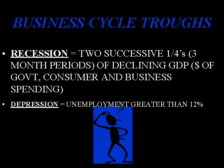 BUSINESS CYCLE TROUGHS • RECESSION = TWO SUCCESSIVE 1/4’s (3 MONTH PERIODS) OF DECLINING BUSINESS CYCLE TROUGHS • RECESSION = TWO SUCCESSIVE 1/4’s (3 MONTH PERIODS) OF DECLINING