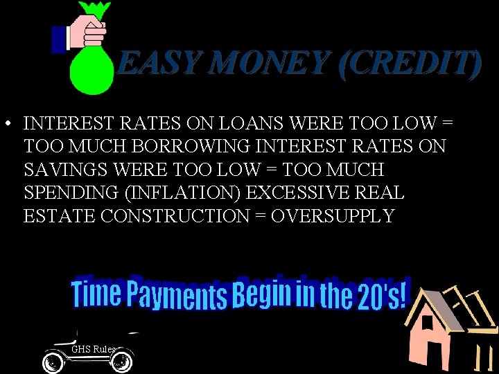 EASY MONEY (CREDIT) • INTEREST RATES ON LOANS WERE TOO LOW = TOO MUCH EASY MONEY (CREDIT) • INTEREST RATES ON LOANS WERE TOO LOW = TOO MUCH