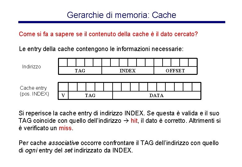 Gerarchie di memoria: Cache Come si fa a sapere se il contenuto della cache