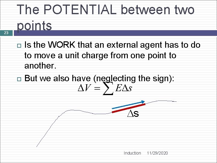 23 The POTENTIAL between two points Is the WORK that an external agent has