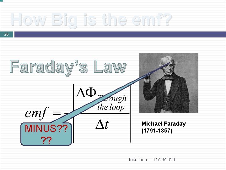 How Big is the emf? 26 Faraday’s Law MINUS? ? Michael Faraday (1791 -1867)