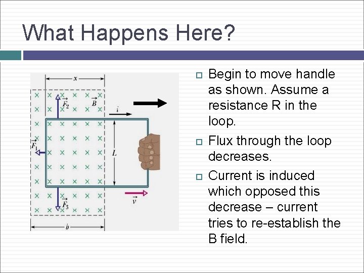 What Happens Here? Begin to move handle as shown. Assume a resistance R in