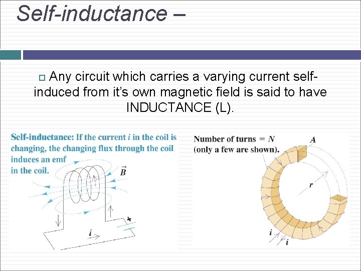 Self-inductance – Any circuit which carries a varying current selfinduced from it’s own magnetic