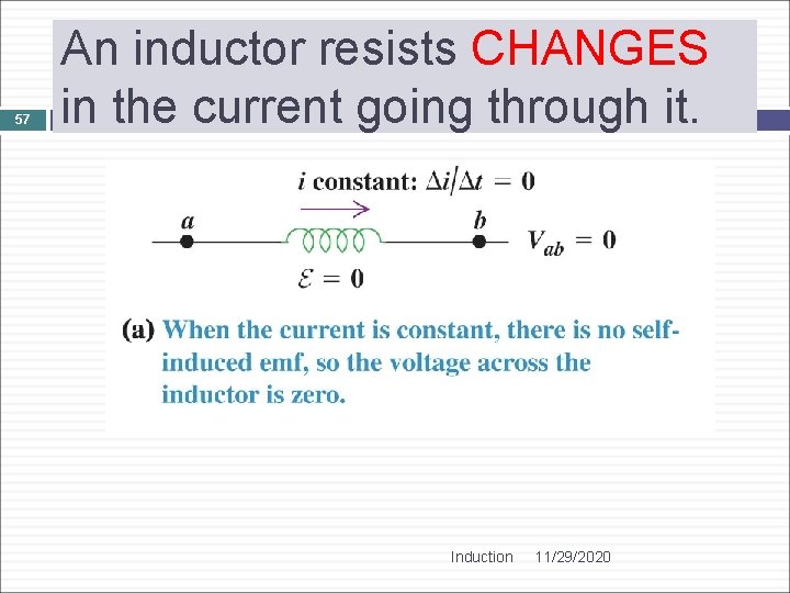 57 An inductor resists CHANGES in the current going through it. Induction 11/29/2020 