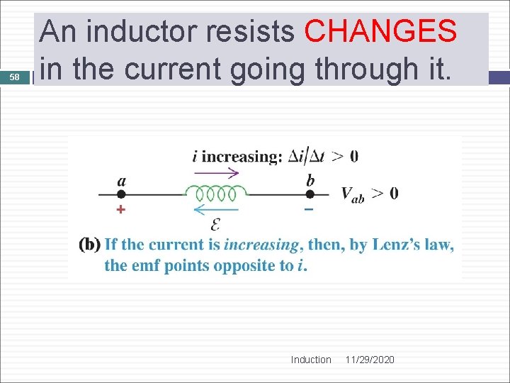 58 An inductor resists CHANGES in the current going through it. Induction 11/29/2020 