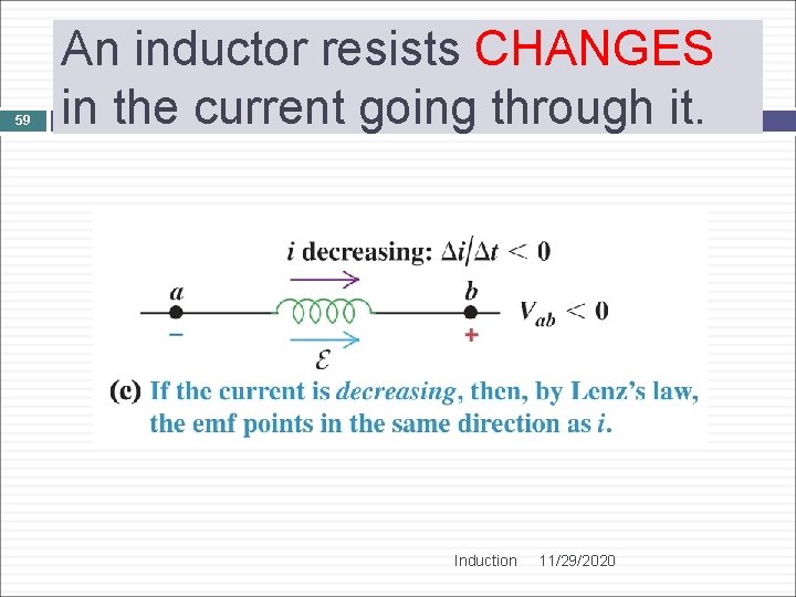 59 An inductor resists CHANGES in the current going through it. Induction 11/29/2020 