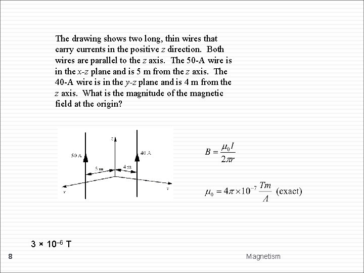 The drawing shows two long, thin wires that carry currents in the positive z