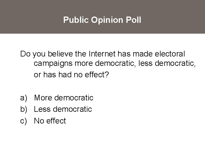 Public Opinion Poll Do you believe the Internet has made electoral campaigns more democratic,