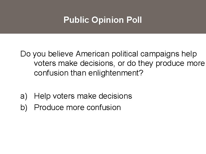 Public Opinion Poll Do you believe American political campaigns help voters make decisions, or