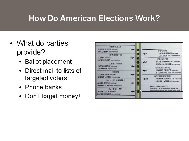 How Do American Elections Work? • What do parties provide? • Ballot placement •