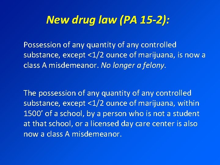 New drug law (PA 15 -2): Possession of any quantity of any controlled substance,