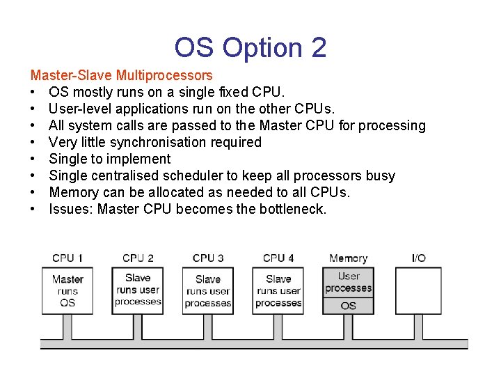 OS Option 2 Master-Slave Multiprocessors • OS mostly runs on a single fixed CPU.