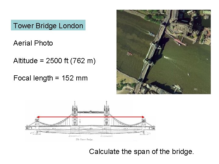 Tower Bridge London Aerial Photo Altitude = 2500 ft (762 m) Focal length = Tower Bridge London Aerial Photo Altitude = 2500 ft (762 m) Focal length =
