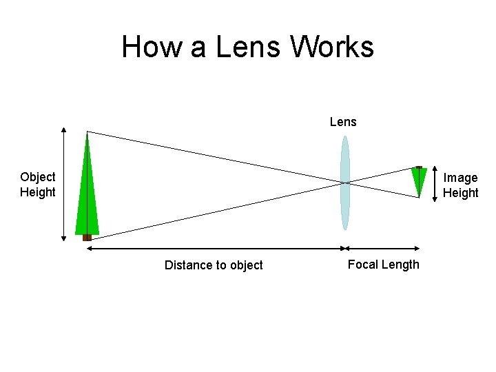 How a Lens Works Lens Object Height Image Height Distance to object Focal Length How a Lens Works Lens Object Height Image Height Distance to object Focal Length