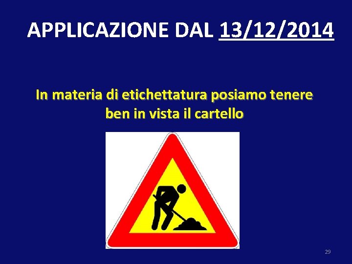 APPLICAZIONE DAL 13/12/2014 In materia di etichettatura posiamo tenere ben in vista il cartello