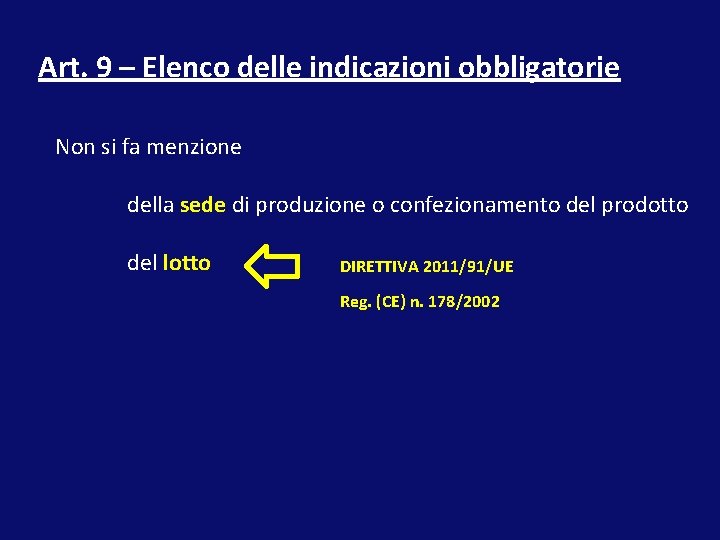 Art. 9 – Elenco delle indicazioni obbligatorie Non si fa menzione della sede di