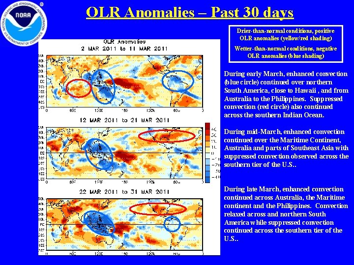 OLR Anomalies – Past 30 days Drier-than-normal conditions, positive OLR anomalies (yellow/red shading) Wetter-than-normal