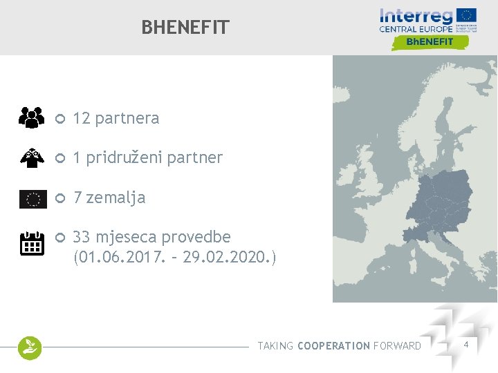 BHENEFIT 12 partnera 1 pridruženi partner 7 zemalja 33 mjeseca provedbe (01. 06. 2017.