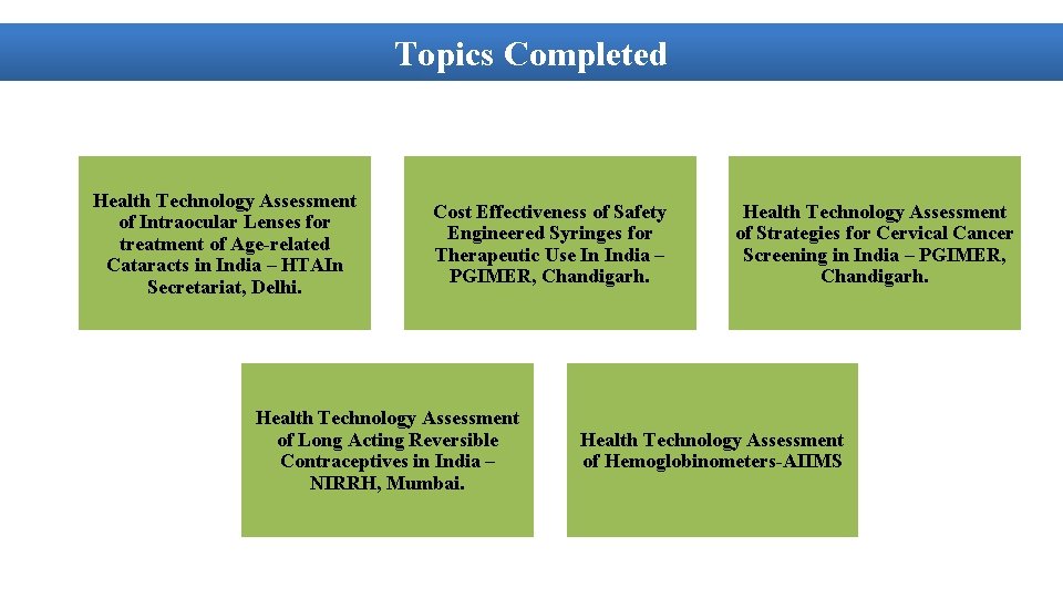 Topics Completed Health Technology Assessment of Intraocular Lenses for treatment of Age-related Cataracts in