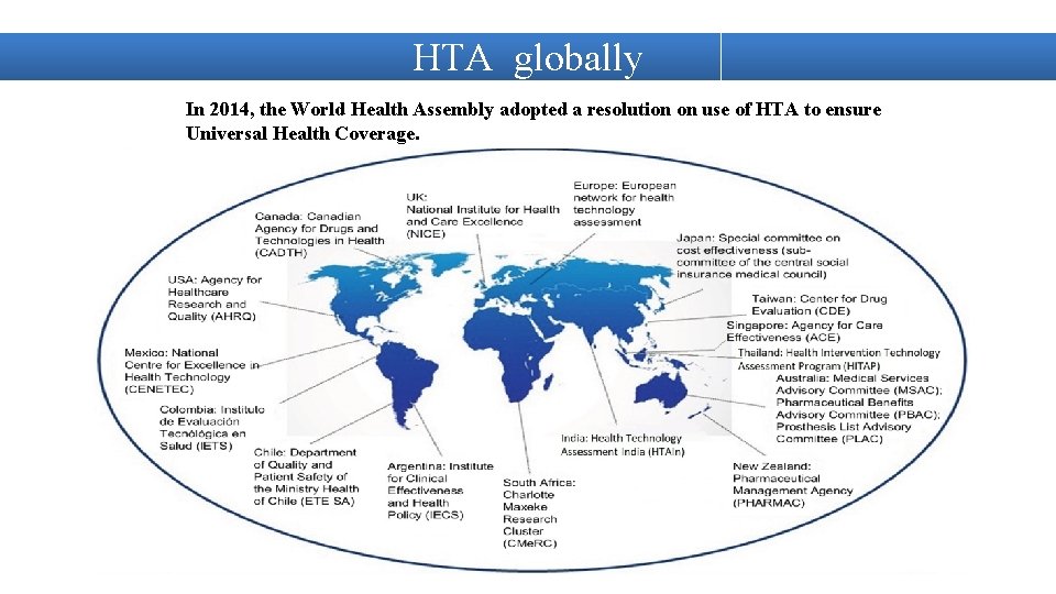 HTA globally In 2014, the World Health Assembly adopted a resolution on use of