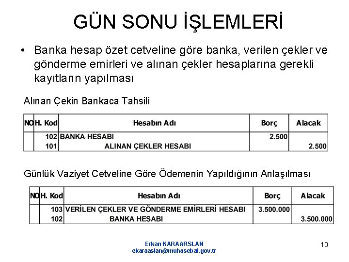 GÜN SONU İŞLEMLERİ • Banka hesap özet cetveline göre banka, verilen çekler ve gönderme