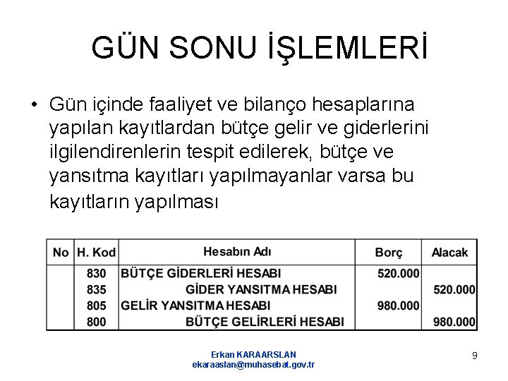 GÜN SONU İŞLEMLERİ • Gün içinde faaliyet ve bilanço hesaplarına yapılan kayıtlardan bütçe gelir