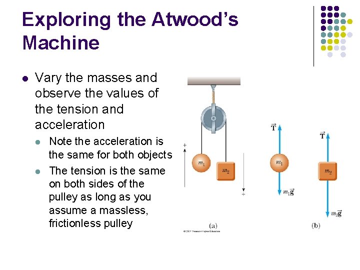 Exploring the Atwood’s Machine l Vary the masses and observe the values of the