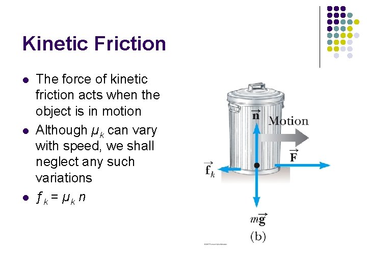 Kinetic Friction l l l The force of kinetic friction acts when the object