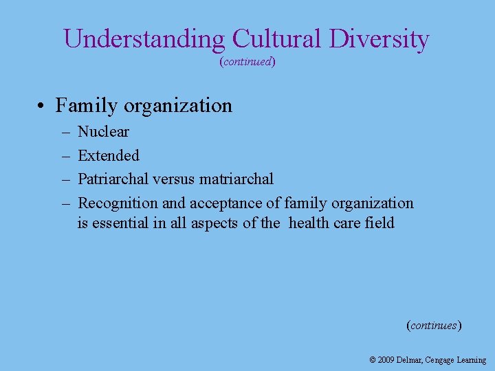 Understanding Cultural Diversity (continued) • Family organization – – Nuclear Extended Patriarchal versus matriarchal