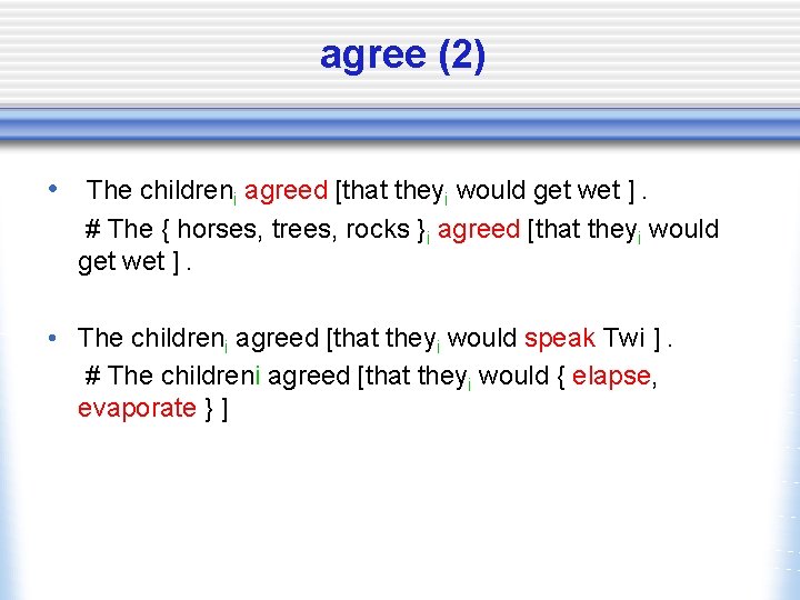 agree (2) • The childreni agreed [that theyi would get wet ]. # The
