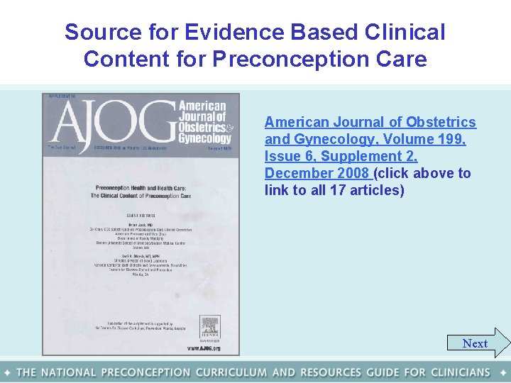 Source for Evidence Based Clinical Content for Preconception Care American Journal of Obstetrics and