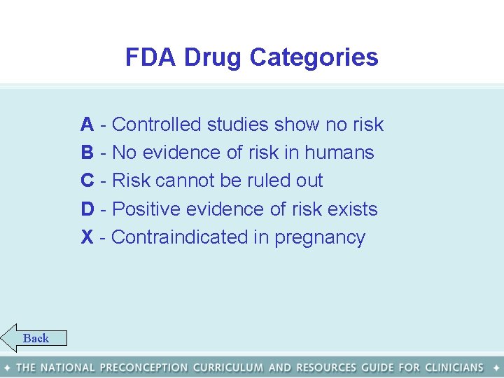 FDA Drug Categories A - Controlled studies show no risk B - No evidence