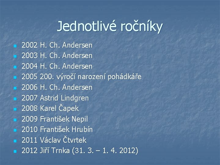 Jednotlivé ročníky n n n 2002 H. Ch. Andersen 2003 H. Ch. Andersen 2004