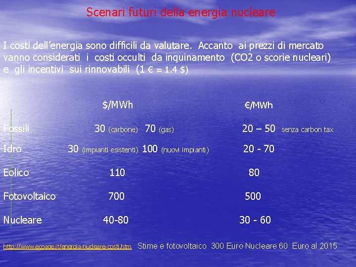 Scenari futuri della energia nucleare I costi dell’energia sono difficili da valutare. Accanto ai Scenari futuri della energia nucleare I costi dell’energia sono difficili da valutare. Accanto ai