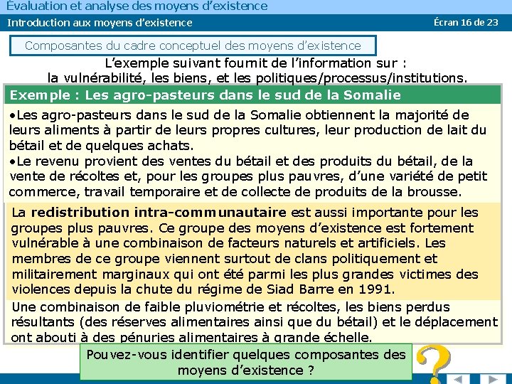 Évaluation et analyse des moyens d’existence Introduction aux moyens d’existence Écran 16 de 23