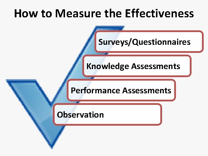 How to Measure the Effectiveness Surveys/Questionnaires Knowledge Assessments Performance Assessments Observation 