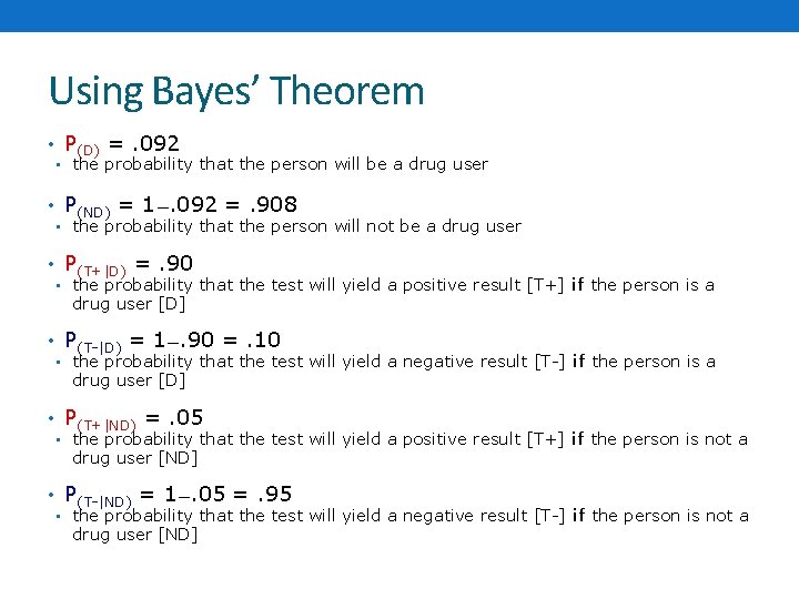 Using Bayes’ Theorem • P(D) =. 092 • the probability that the person will