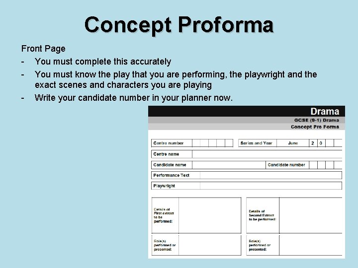 Concept Proforma Front Page - You must complete this accurately - You must know