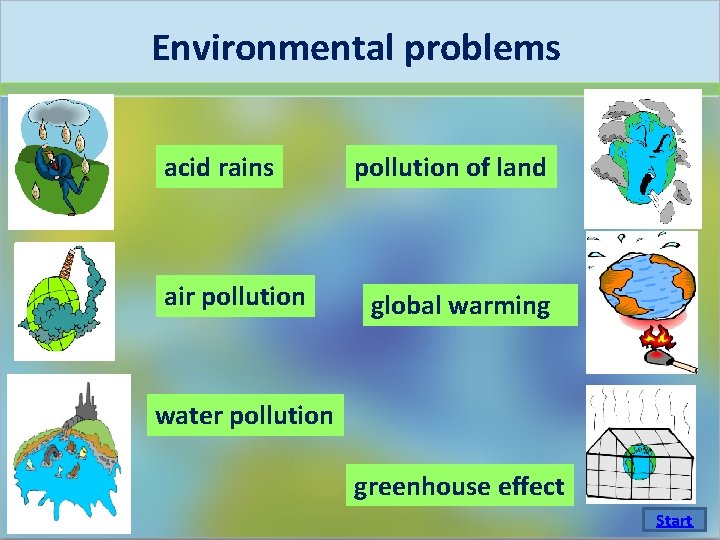 Environmental problems acid rains air pollution of land global warming water pollution greenhouse effect