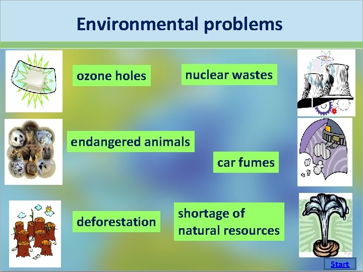 Environmental problems ozone holes nuclear wastes endangered animals car fumes deforestation shortage of natural