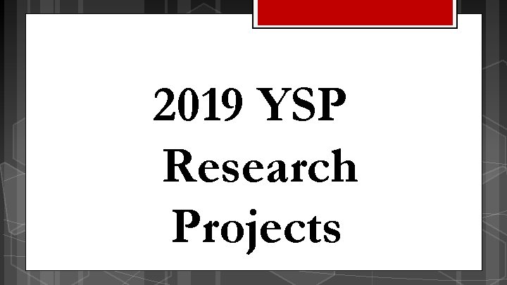 2019 YSP Research Projects 2019 YSP Research Projects