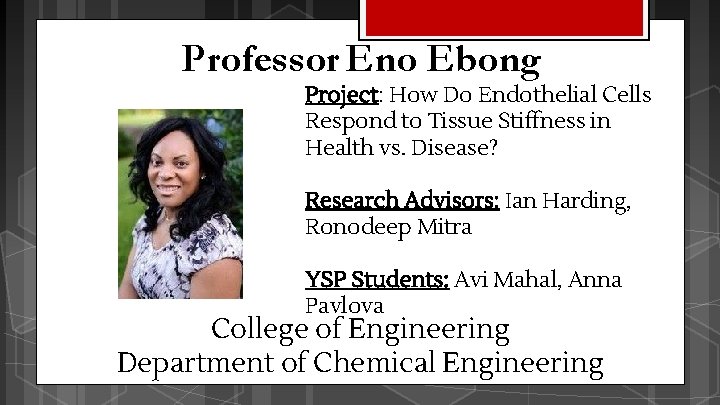 Professor Eno Ebong Project: How Do Endothelial Cells Respond to Tissue Stiffness in Health Professor Eno Ebong Project: How Do Endothelial Cells Respond to Tissue Stiffness in Health