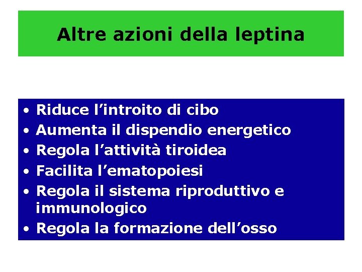 Altre azioni della leptina • • • Riduce l’introito di cibo Aumenta il dispendio